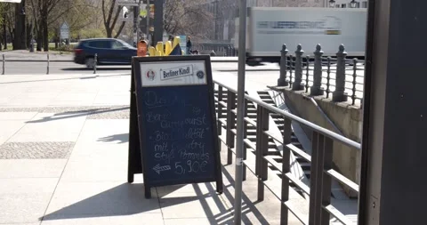 Closed restaurant sidewalk sign during COVID-19 lockdown, Berlin March 24 2020 Stock Footage 331670906