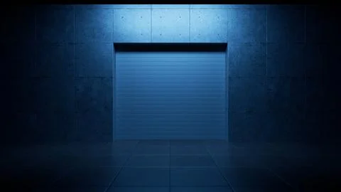 Closed roller shutter door in empty concrete garage at night Stock Illustration