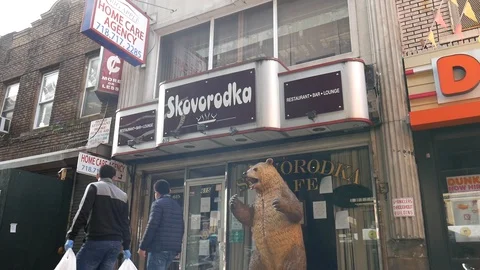 Closed Russian Restaurant Big Plastic Bear Brighton Beach Lockdown Stock Footage 129580538