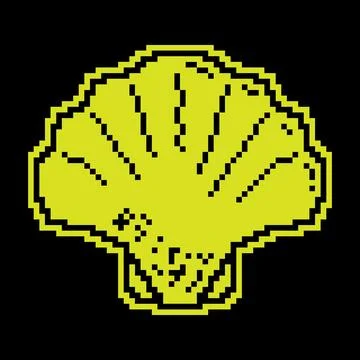 Closed sea shell Pixel silhouette icon. Scallop, edible shellfish and seafo.. Illustrazione stock