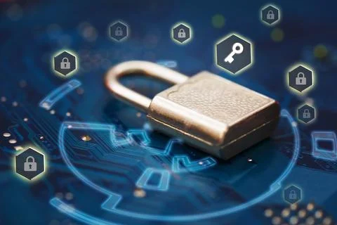 Closed security lock on background blue computer printed circuit board. Cyber 스톡 사진