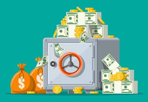 Closed silver metallic safe box with money Stockillustratie