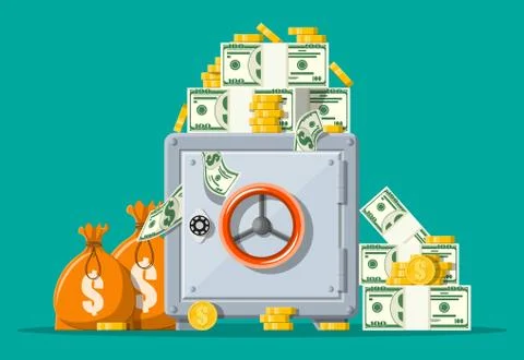 Closed silver metallic safe box with money イラスト素材