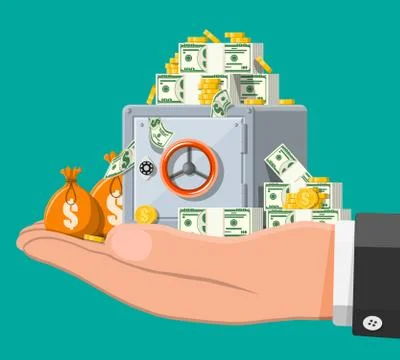 Closed silver metallic safe box with money in hand Stock Illustration