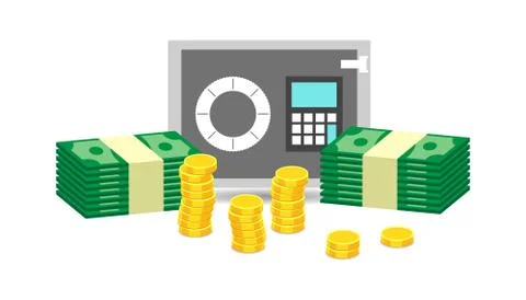 Closed small safe box and stacks of gold coins and stacks of dollar cash. Vec Stockillustratie