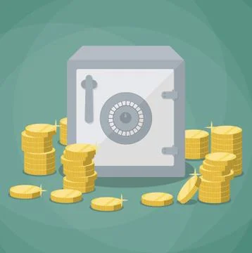 Closed small safe box and stacks of gold coins Ilustración de archivo