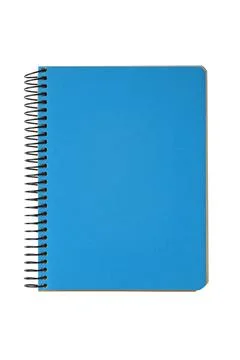 Closed spiral bound notepad with blue cover isolated on white background Foto stock
