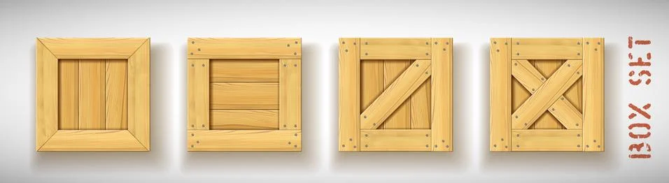 Closed square wood vector realistic boxes set Illustrazione stock