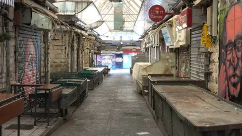 Closed stores of the Mahane Yehuda market on the Shabbat in Jerusalem Stock Footage
