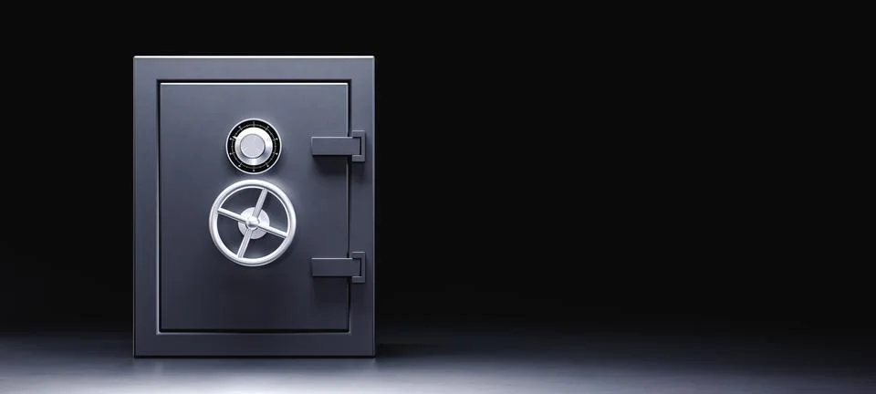 Closed strongbox on black background. 3d render Stock Illustration