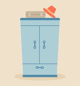 Closed wardrobe with a suitcase and a hat on top of the wardrobe. 스톡 일러스트