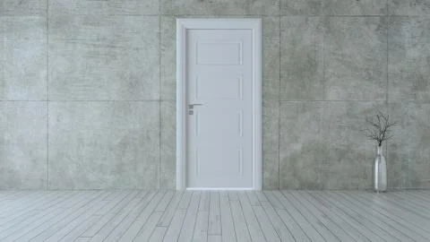 Closed white door in empty room with concrete wall realistic 3D rendering Stock Illustration