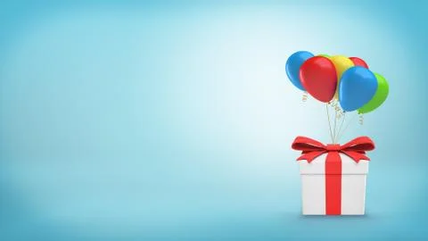 A closed white gift box with a red ribbon tied to several colorful balloons Stock Illustration