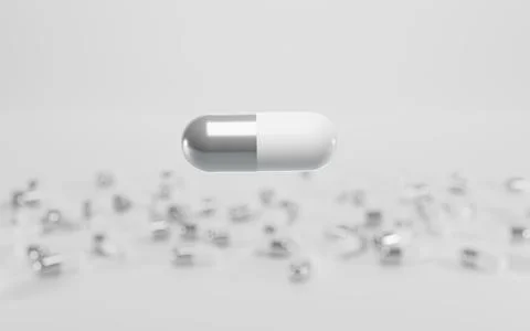 Closed white silver pill capsule, medical tablet on background pile plastic Illustrazione stock