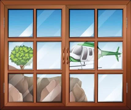 A closed window with a view of the helicopter going to the cliff Ilustración de archivo