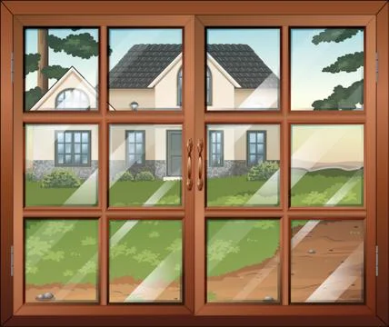 A closed window with a view of the house outside Stock Illustration