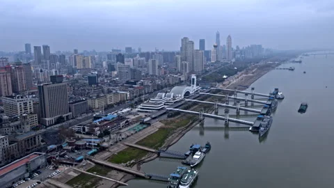 Closed Wuhan Ferries, coronavirus lockdown, China, 4K aerial Stock Footage 132022135