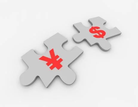 Closely connected puzzles, teamwork, RMB and USD Ilustración de archivo