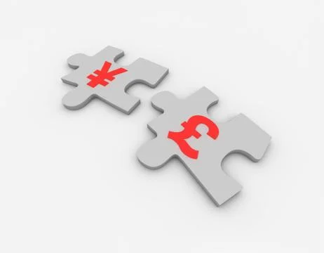 Closely connected puzzles, teamwork, RMB and Pound Sterling Stock Illustration