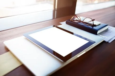 Closely modern touch pad with empty copy space screen background for promotio Stock Photos