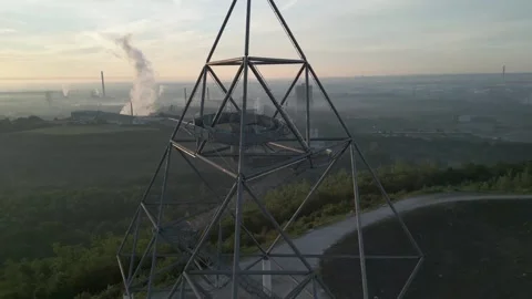 Closer Drone Shot of Unique Architecture, Leftward with Detailed View at Sunrise Video stock 285386057