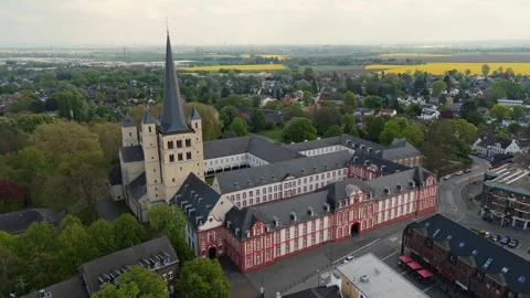 Closer Forward Drone Flight from Left Angle Over Brauweiler Abbey in Pulheim Stock Footage 312526316