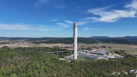 Closer Forward Flight toward Rottweil Elevator Test Tower Stock Footage 345930079
