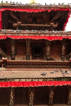 Closer look on the architecture of one of the temples of Durbar Square, many  Stock Photos