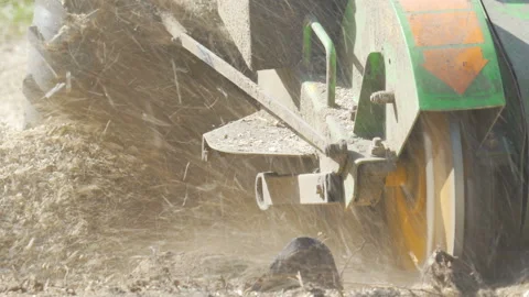 The closer look of the blade of the tree stump cutter Stock Footage 138609893
