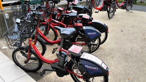 Closer look of the e-bikes for rent in Tokyo Japan Stock Footage 121368276