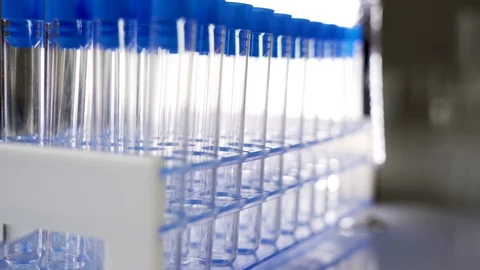 The closer look of the empty test tubes in the rack Video stock 127471697