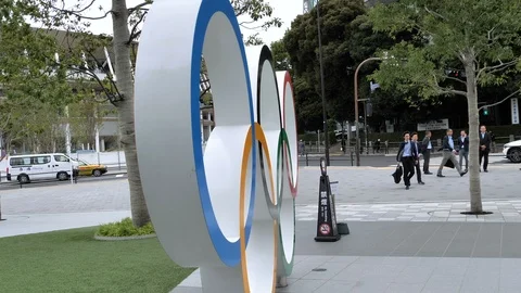 The closer look of the Olympic Logo outside the building in Tokyo Japan Stock Footage 121361238