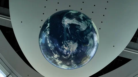 Closer look of the replica of the Earth hanging inside the museum Stock Footage 120922028