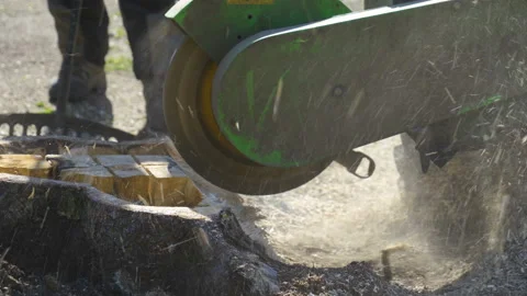 Closer look of the tree stump cutter on the ground Stock Footage 138608938