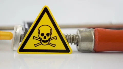 Closer look of the yellow skull hazard sign Stock Footage 129457594