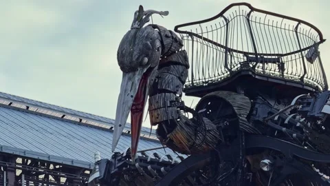 Closer view of the mechanical exhibited Great Blue Heron of Nantes made wood Vidéo 331168686