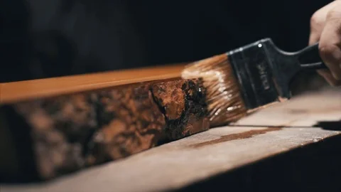 Closer view, paint the bark of the elm , causing a protective layer of oil, brus 스톡 동영상 78709715