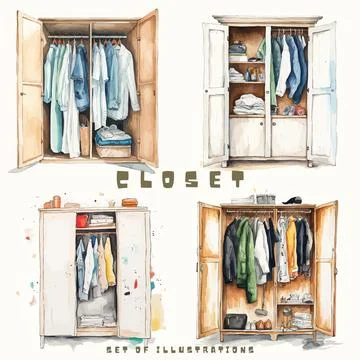 Closet with clothes in different colors. Hand drawn illustration. Stock Illustration