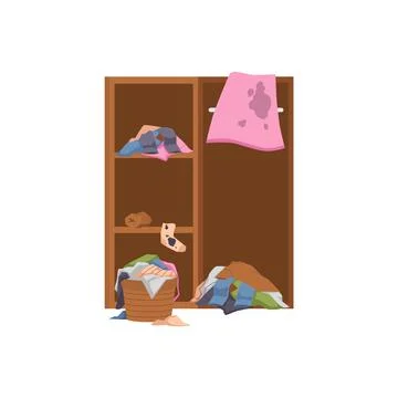Closet piled with dirty things, clothes on white background, flat vector Stockillustratie