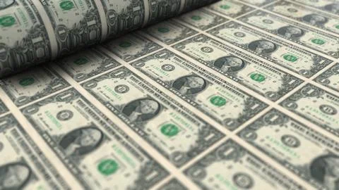 Closeup of 1 USA dollars banknotes are being printed by currency press mach.. Stock Illustration
