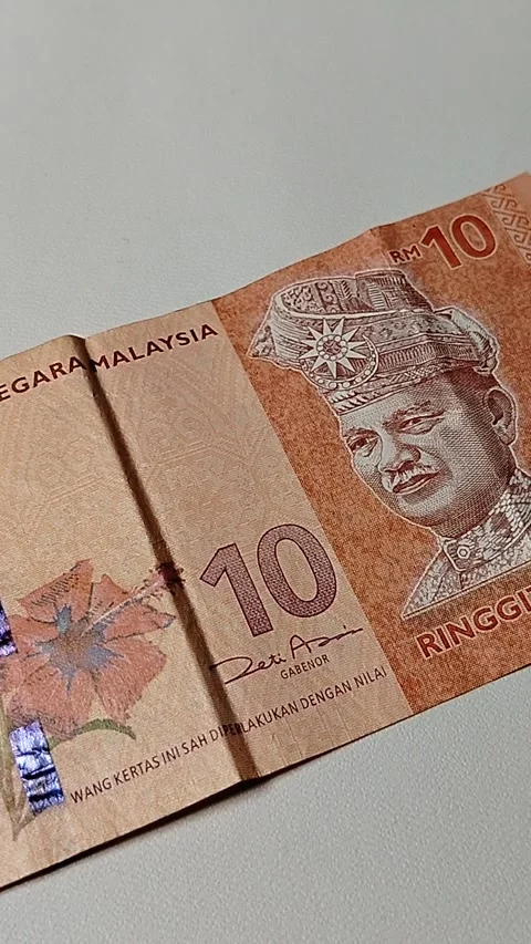 Closeup of 10 Malaysian Ringgit banknote featuring detailed currency texture and Stock Footage 335643815