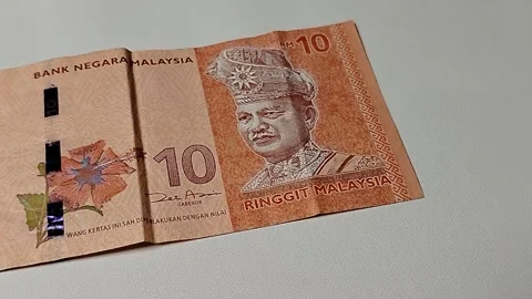 Closeup of 10 Malaysian Ringgit banknote featuring detailed currency texture and Stock Footage 335643816