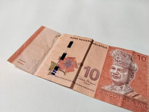 Closeup of 10 Malaysian Ringgit banknote featuring detailed currency texture Foto stock