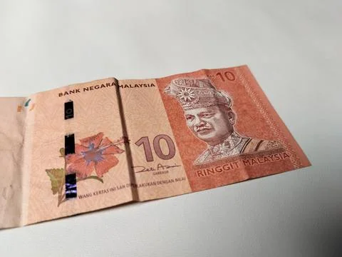 Closeup of 10 Malaysian Ringgit banknote featuring detailed currency texture  Foto stock