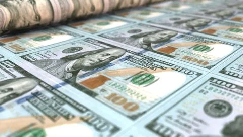 Closeup of 100 USA dollars banknotes are being printed by currency press ma.. Illustrazione stock