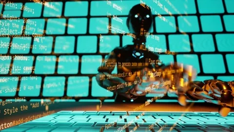 Closeup 3d animation of humanoid hands working typping software code. Stock Footage 294846884