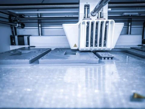 Closeup of a 3D printer with plastic wire filament in additive manufacturing Stock Illustration