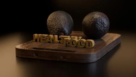 Closeup 3D render of avocado pair and board with Healthy Food text Ilustração Stock