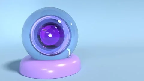 Closeup 3d render of encased blue and purple glass balls on a pink round pe.. Stock Illustration
