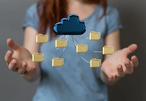 A closeup of a 3d rendered cloud and computer files coming from it in the mid Stock Photos